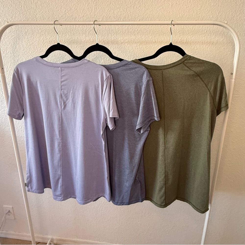 Women's Casual Athletic T-Shirt Set - Olive Green and Lavender, Hiking outdoors - Picture 2 of 3